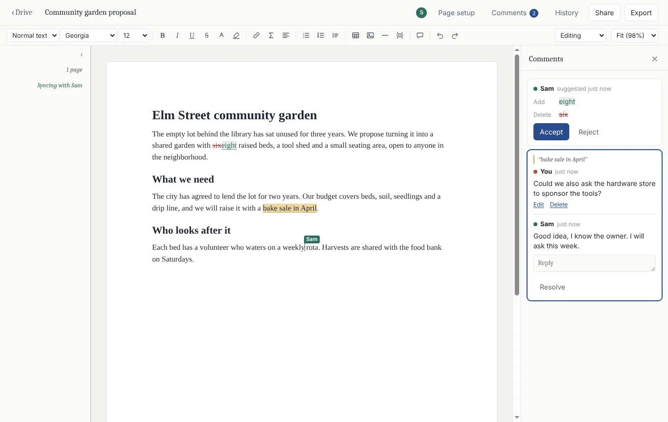 Two people editing the same commonDocs document, with a suggested edit and a reply in the margin