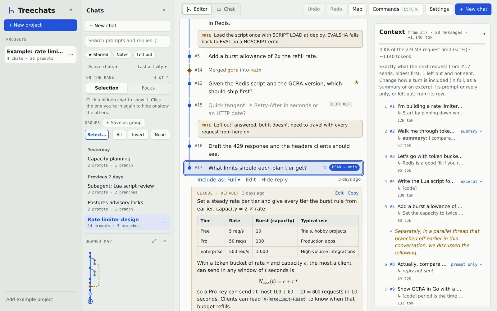 Treechats editor: a conversation as a tree, with the exact context of the selected prompt beside it